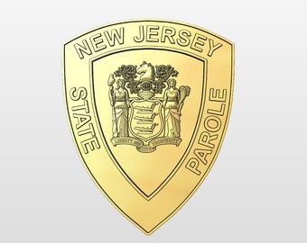 May include: A gold shield-shaped badge with the words "NEW JERSEY STATE PAROLE" around the perimeter. The center of the badge features the state seal of New Jersey.