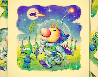 PIKMIN STORY - 12"x12" art print - mashup fan art - retrogaming video games geek sci-fi space cute artwork