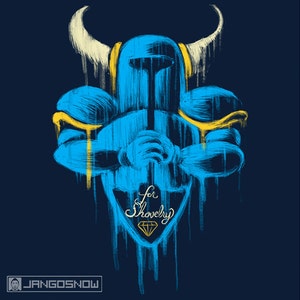 May include: A blue and yellow illustration of a knight holding a hammer with the text "for Shovelry" and a diamond below. The illustration is in a dripping paint style.