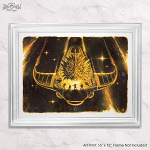May include: Framed art print featuring a golden, stylized spaceship with a detailed interior and a group of silhouetted figures. The artwork is set against a cosmic background with the Roman numerals IX, XII, III, and VI. The print measures 16 inches by 12 inches.