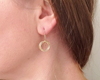 Gold 3 Hoop Earrings | small russian ring interlinking gold hoop earrings | Solid gold circle earrings 14ct gold filled