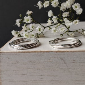 Silver INTERLOCKING rings. Plain Hammered Russian Silver ring, silver band ring.