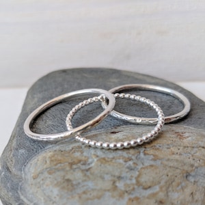 3 Silver STACKING rings - Plain hammered silver rings - beaded ring - handmade silver band ring - sterling silver zh108