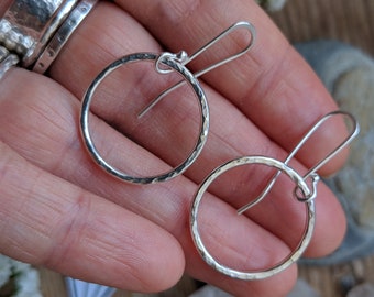 Eco-Silver HOOP earrings,  recycled sterling silver, hammered silver hoops, handcrafted open hoop drop earrings zh322