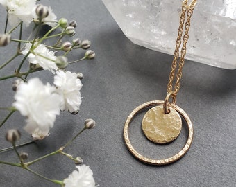 Gold 'Sun and Halo' necklace | Gold hoop necklace | Hammered Gold Circle Necklace | 14ct gold filled