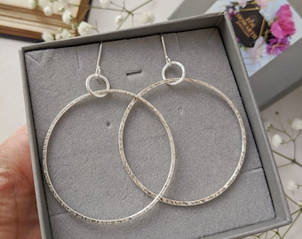 NEW BIG Silver Hoop earrings - Sterling silver hoop drop earrings - large hammered sterling silver hoops