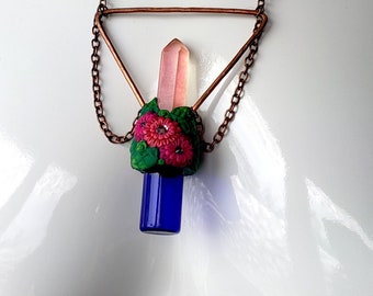 Vial necklace, polymer clay on glass with copper wire and chain