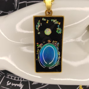 Minimalist Abstract Yoni Mood and Opal with halo.75&quot;x 1.5&quot;(2&quot;) Pendant on 18&quot; gold chain