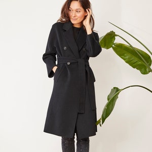 Wool Long Coat. Black Coat. Merino Soft Wool. Four buttons. Matching Belt. Handmade. Warm. image 1