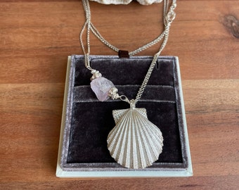 Sterling Silver Pecten Shell Pendant Necklace, Long Chain with Rose Quartz, Silver 925, Sea Jewelry