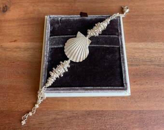 Sterling Silver Shell Bracelet with Charms, Silver 925, Sea Jewelry