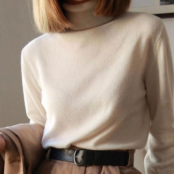 Pure Cashmere Turtleneck | Cashmere Sweater | Very Warm and Soft | Women Long Sleeve Sweater | Beige Sweater | Black Turtleneck