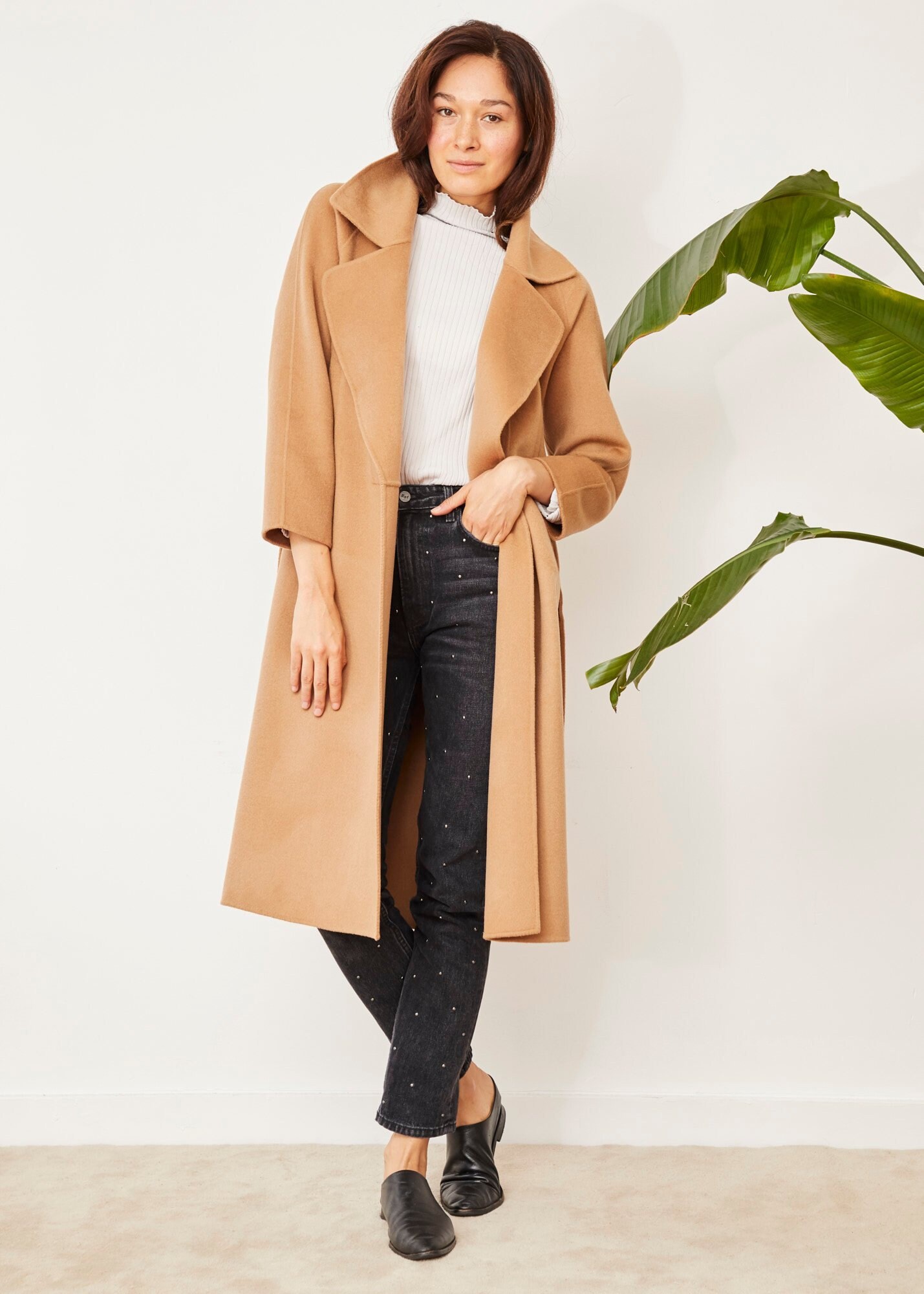 camel belted wool coat