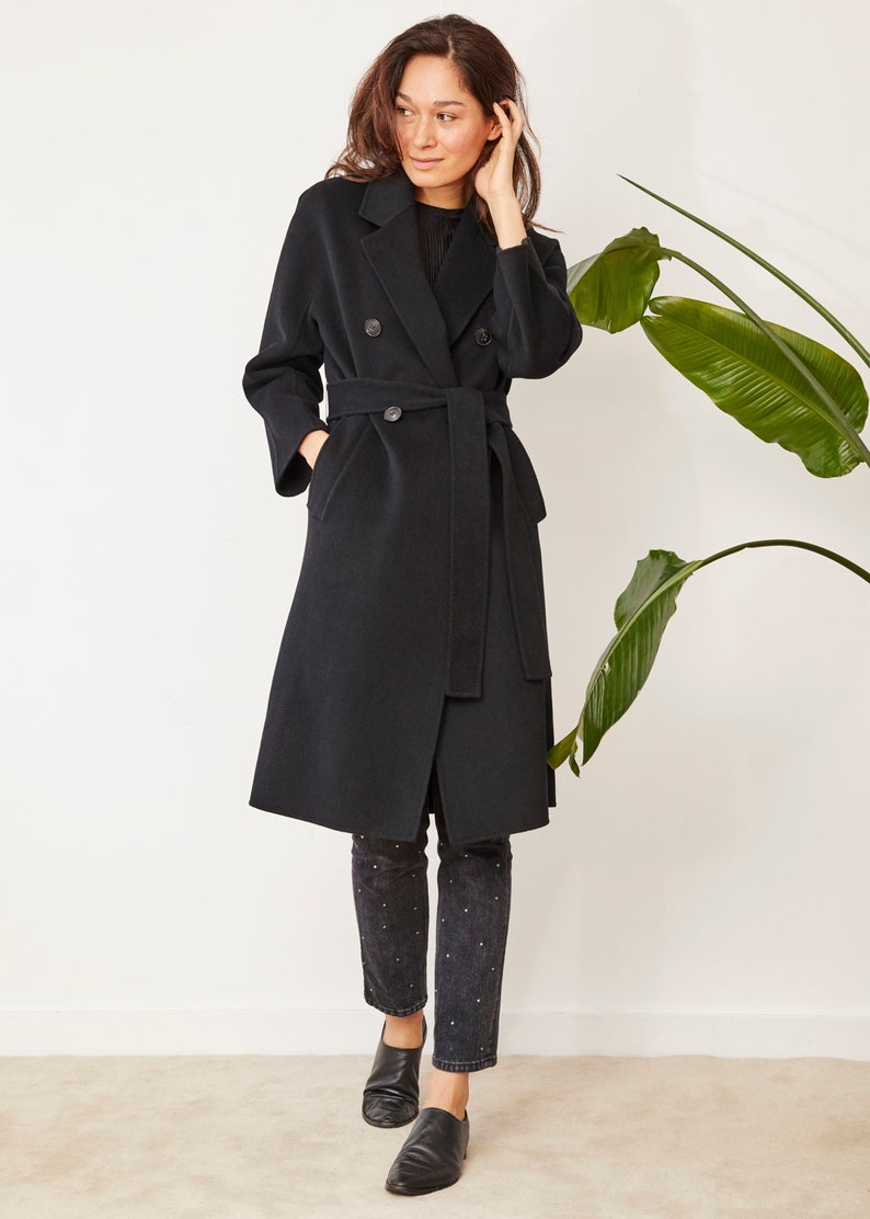 Wool Long Coat. Black Coat. Merino Soft Wool. Four buttons. Matching Belt. Handmade. Warm. image 1