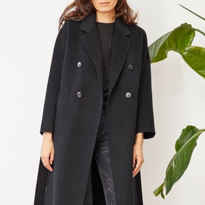 Wool Long Coat. Black Coat. Merino Soft Wool. Four buttons. Matching Belt. Handmade. Warm. image 2