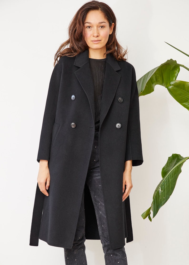 Wool Long Coat. Black Coat. Merino Soft Wool. Four buttons. Matching Belt. Handmade. Warm. image 2