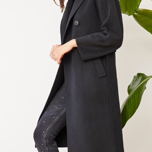 Wool Long Coat. Black Coat. Merino Soft Wool. Four buttons. Matching Belt. Handmade. Warm. image 3