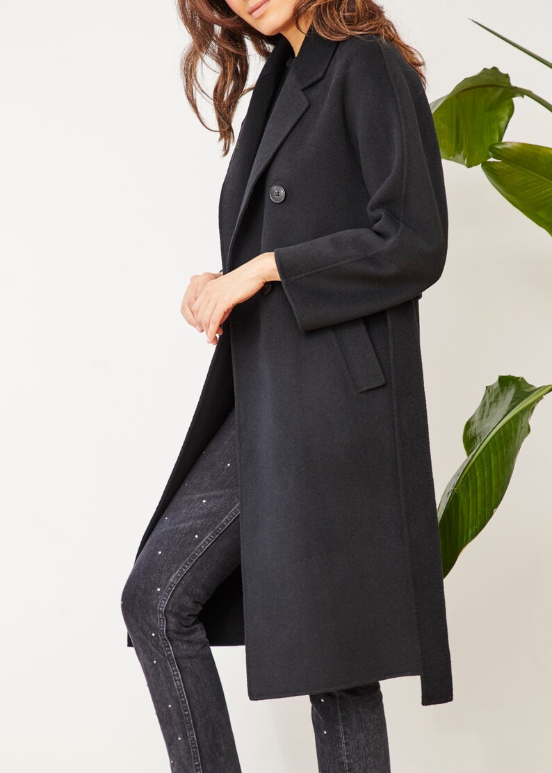 Wool Long Coat. Black Coat. Merino Soft Wool. Four buttons. Matching Belt. Handmade. Warm. image 3