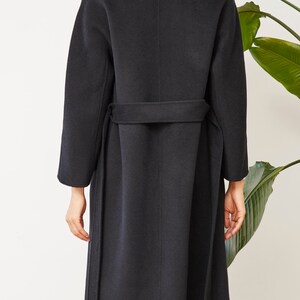 Wool Long Coat. Black Coat. Merino Soft Wool. Four buttons. Matching Belt. Handmade. Warm. image 4