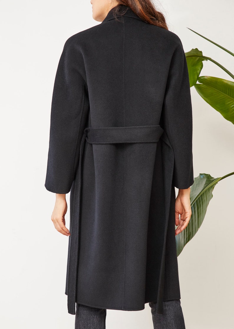 Wool Long Coat. Black Coat. Merino Soft Wool. Four buttons. Matching Belt. Handmade. Warm. image 4