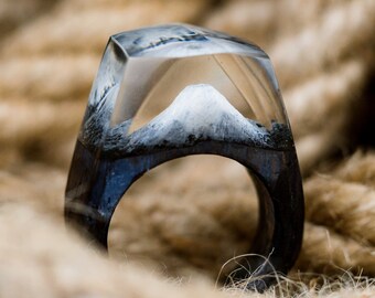 Fuji Mountain Wooden Resin Ring, Resin Wood Ring For Women, Nature Resin Ring Anniversary Gift For Wife