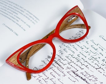 Red Wooden Glasses, Computer Glasses, Wood Eyewear, Reading Glasses For Women, Cat Eye Glasses