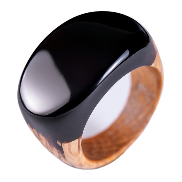 Obsidian Black Wooden Resin Ring Unisex Natural Wood And Resin Ring Low Profile Black Ring in Personalized Christmas Gift