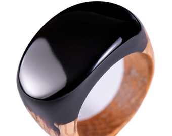 Obsidian Black Wooden Resin Ring Unisex Natural Wood And Resin Ring Low Profile Black Ring in Personalized Christmas Gift