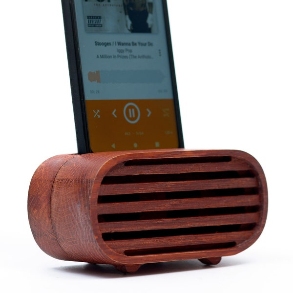 Wooden Phone Speaker Passive iPhone Amplifier Made from Red Toned Oak Wood with Personalized Engraving Christmas Gift