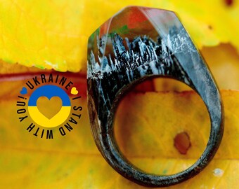 Aurora Borealis Wood Resin Ring Magical Landscape Wooden Resin Ring Personalized Gift For Her Made in Ukraine Ring