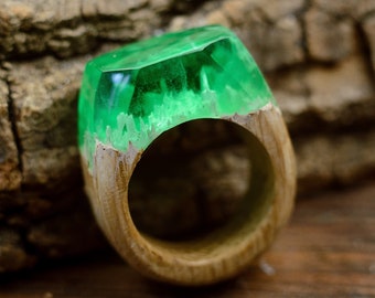 Green Wooden Resin Ring Anniversary Gift For Wife Natural Wood And Resin Ring Wood Rings Anniversary Gift For Her Ukraine Shop