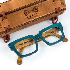 Rectangle Wooden Glasses, Teal Color Frame, Compatible with Reading, Prescription and Blue Light Blocking Lens
