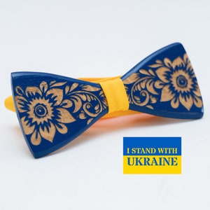 Ukraine National Emblem Wooden Bow Tie for Men in Personalized Wood Gift Box Stand With Ukraine image 1