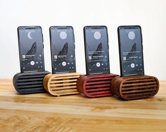 Wooden Phone Speaker Stand – Personalized Gift for Him – Passive Wood Amplifier, iPhone Desk Holder and Charging Dock