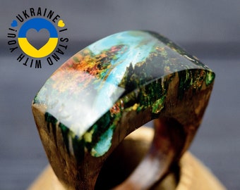 Personalized Wood Resin Ring with Mountain Forest landscape Christmas Gift for Women Handmade in Ukraine Ring