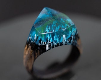 Northern Lights Aurora Borealis Wooden Resin Ring Personalized Christmas Gift for Woman