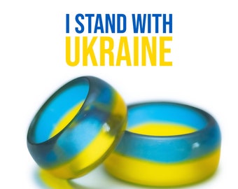 Handmade Ukraine Flag Resin Ring | Personalized Engraved Wooden Box | Patriotic Jewelry