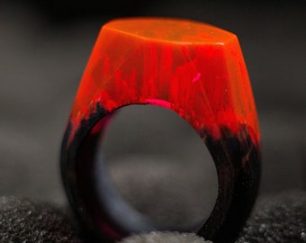 Red Wooden Resin Ring, Black Wood and Red Resin Ring for Women with Personalized Wooden Gift Box