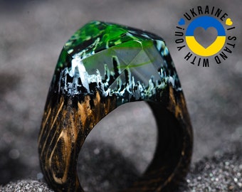 Green Aurora Borealis Wood Resin Ring For Women Personalized Christmas Gift for Wife Made in Ukraine Ring