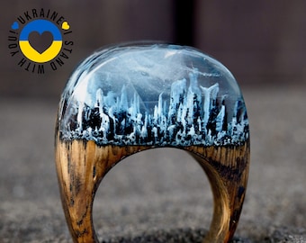 Enchanted Forest Wood Resin Ring: Snow Blizzard Landscape