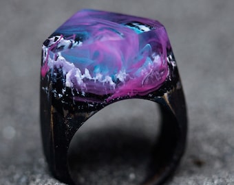 Wood Resin Ring Northern Lights Aurora Borealis Mountain Ring Unique Ring Gift for Her