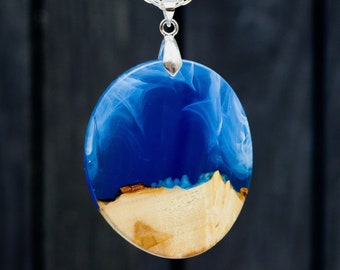 Wood Resin Necklace for Women Blue Wood Resin Jewelry Wooden Resin Necklace Christmas Gift for Her