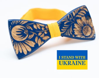 Ukraine National Emblem Wooden Bow Tie for Men in Personalized Wood Gift Box Stand With Ukraine