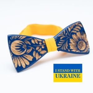 Ukraine National Emblem Wooden Bow Tie for Men in Personalized Wood Gift Box Stand With Ukraine image 1