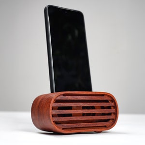 Engraved Wooden Phone Speaker Stand - Passive Sound Booster - 5th Anniversary, Housewarming, God Parents Proposal Gift