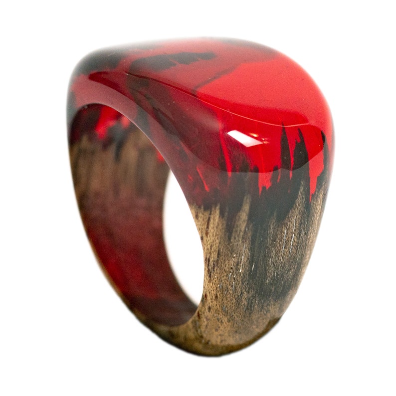 Handmade in Ukraine Ruby Red Wooden Resin Ring,Unisex Natural Wood And Resin Ring, Low Profile Red Ring in Personalied Gift Box image 2