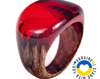 Handmade in Ukraine Ruby Red Wooden Resin Ring,Unisex Natural Wood And Resin Ring, Low Profile Red Ring in Personalied Gift Box