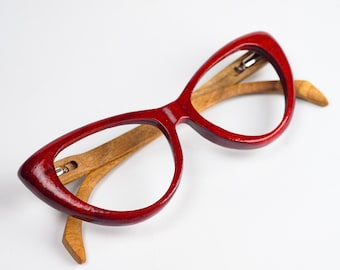 Red Cat Eye Glasses Frame - Blue Light Wooden Glasses - Prescription, Reading, Sunglasses