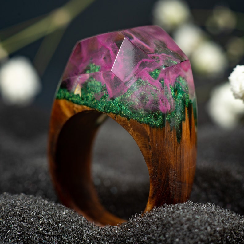 Pink Aurora Borealis Personalized Wood Resin Ring Anniversary Gift for Women image 3