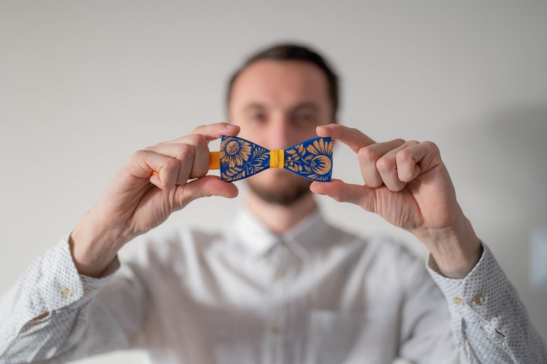 Ukraine National Emblem Wooden Bow Tie for Men in Personalized Wood Gift Box Stand With Ukraine image 7